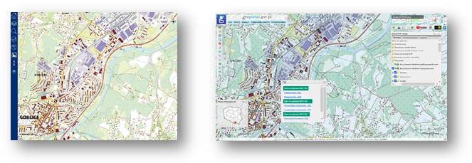 Ilustracja przedstawia zaktualizowany zbiór danych BDOT10k dla powiatu gorlickiego w Portalu BDOT10k oraz w usłudze Baza Danych Obiektów Topograficznych.