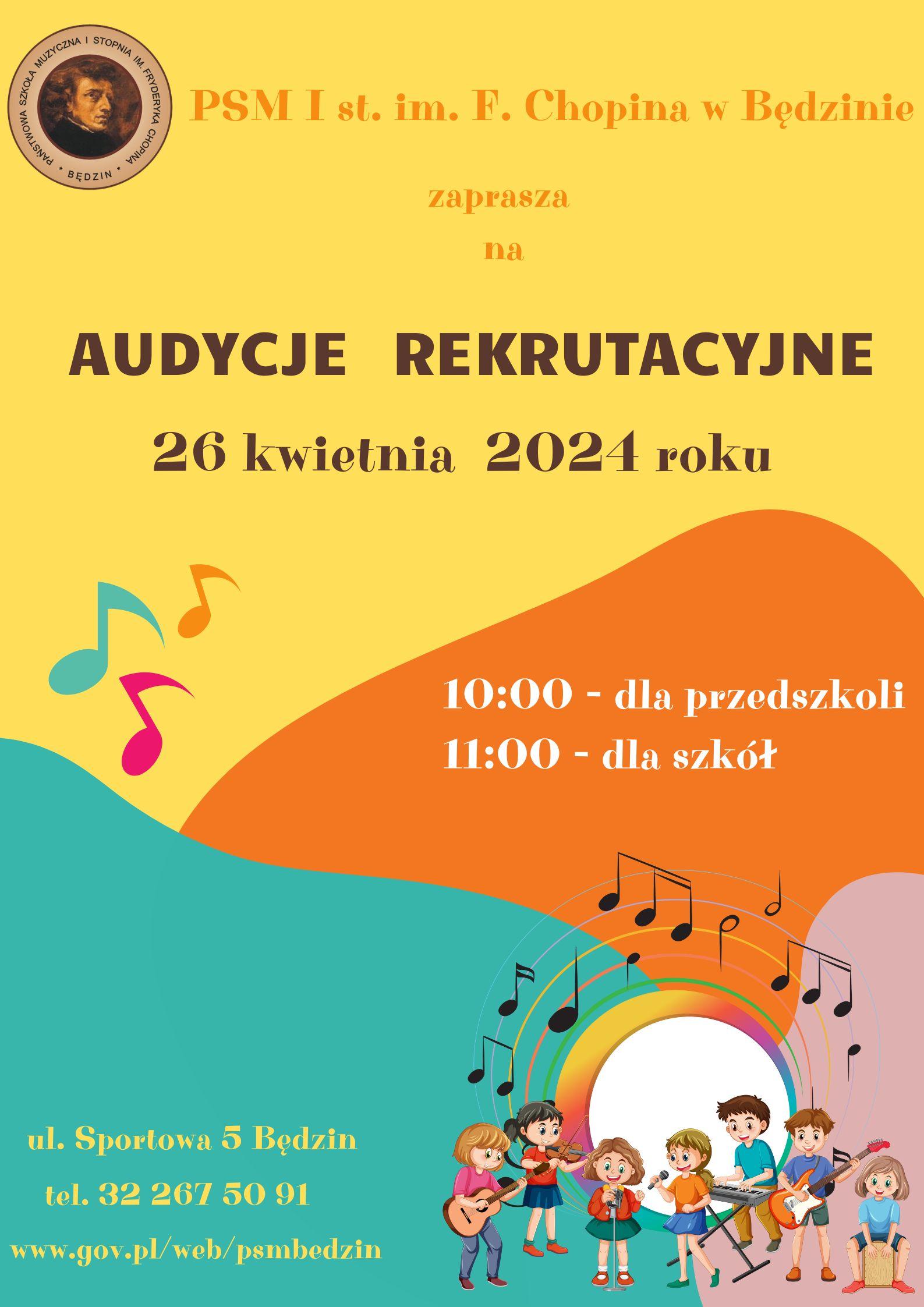 plakat w kolorach żółty, niebieski i pomarańczowy, na środku napisy, na dole ikony dzieci z instrumentami