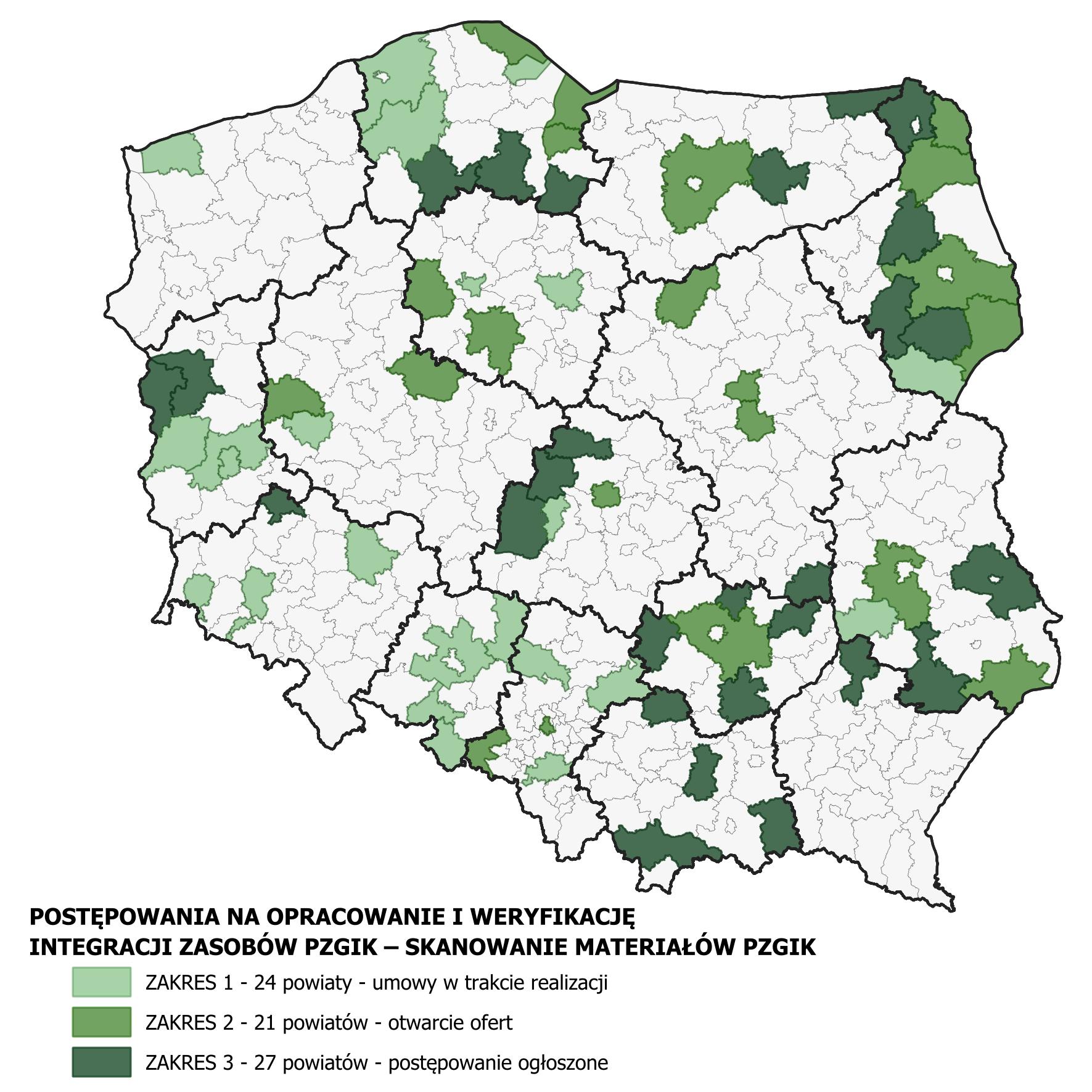 Rysunek przedstawia stan realizacji zamówień na opracowanie i weryfikację zasobów pzgik - skanowanie materiałów pzgik