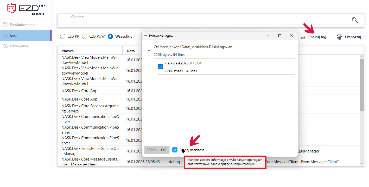 Funkcja Spakuj logi pozwala zebrać dane z wybranego dnia i dołączyć manifest środowiskowy. Dzięki temu analiza zgłoszeń serwisowych jest szybsza i dokładniejsza.