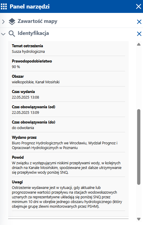 zrzut ekranu z serwisu www.geoportal.gov.pl przedstawiający informacje o ostrzeżeniach hydrologicznych