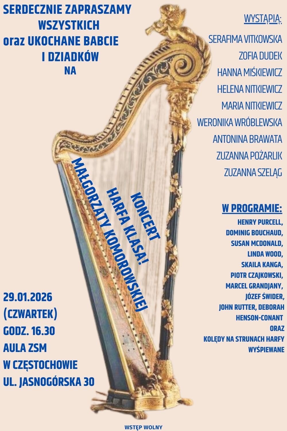 Kremowe tło, zdjęcie harfy, tekst dotyczący koncertu klasy harfy 29 stycznia 2026 r. o godz. 16.30