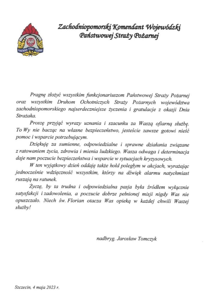 Życzenia Zachodniopomorskiego Komendanta Wojewódzkiego Państwowej Straży Pożarnej w Szczecinie