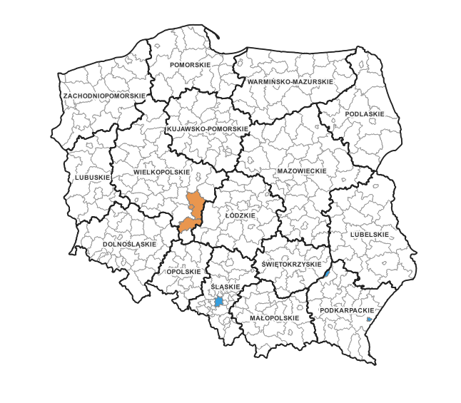 Ilustracja przedstawia obszary powiatów, dla których dostępne są nowe dane bazy BDOT10k.