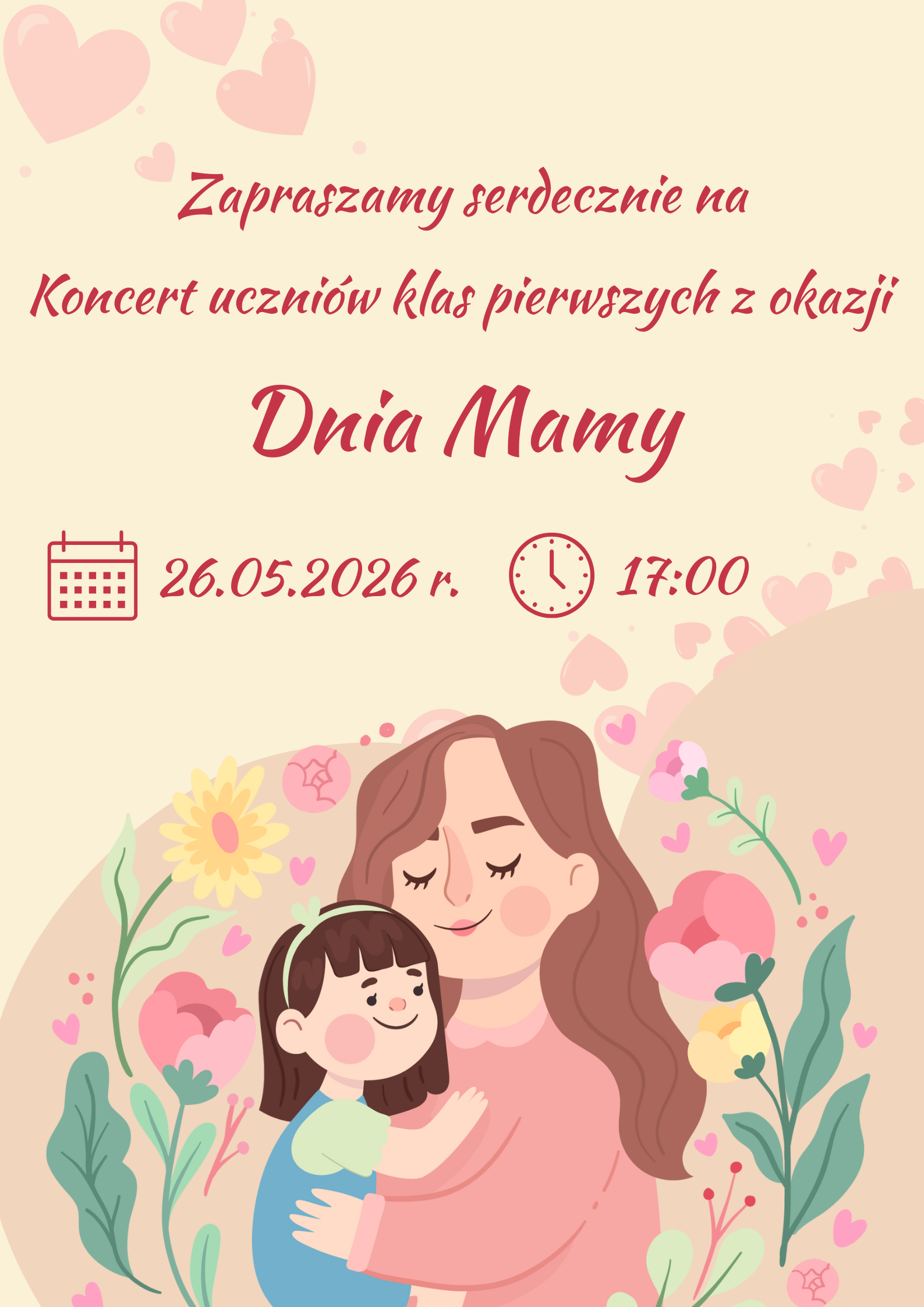 Plakat koncertu z grafiką mamy przytulającej córkę na różowym tle