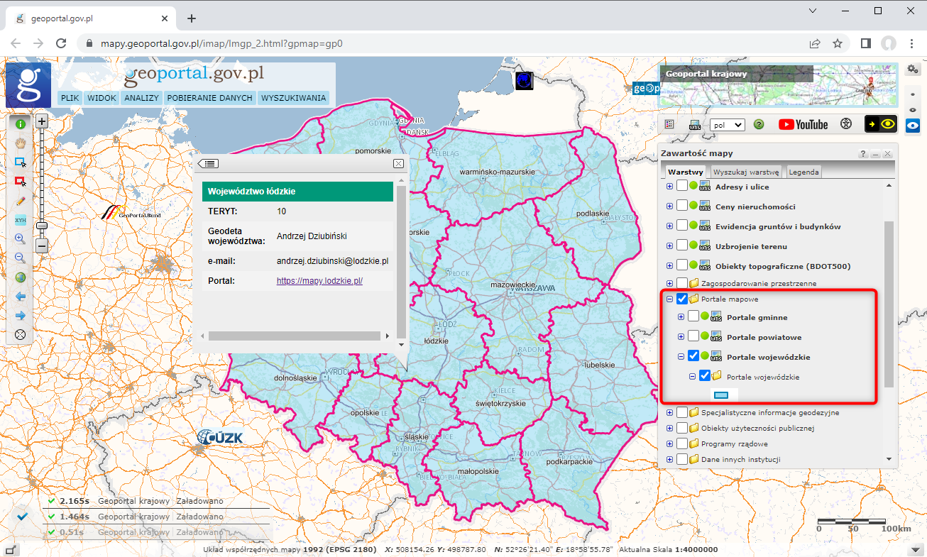 Ilustracja przedstawia zrzut z serwisu www.geoportal.gov.pl z włączoną warstwą prezentującą portale wojewódzkie.