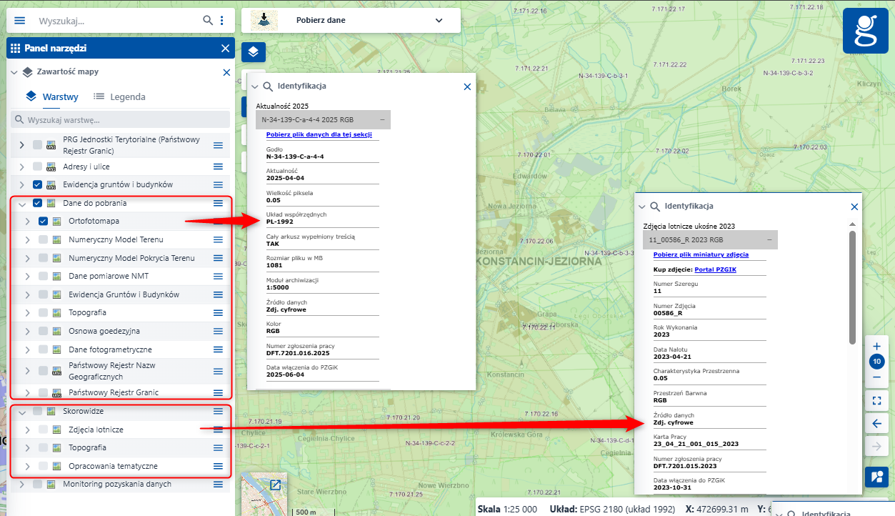 widok aplikacji mapowej przedstawiający sposób pobierania danych otwartych oraz pozyskania informacji o danych udostępnianych odpłatnie
