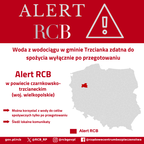 : „UWAGA! Woda z wodociągu publicznego w gminie Trzcianka zdatna do spożycia wyłącznie po przegotowaniu. Śledź lokalne komunikaty.”