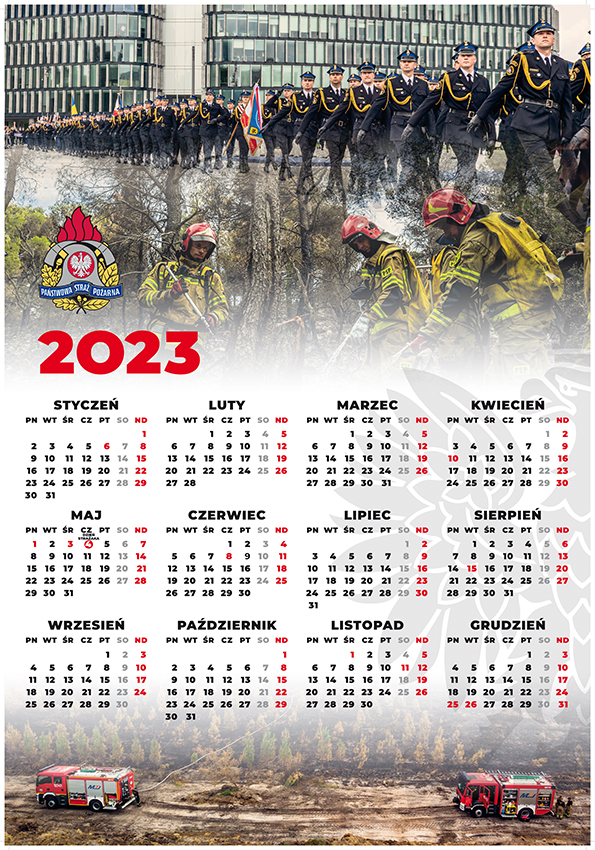 Strażący maszerują poniżej kalendarz na 2023 rok