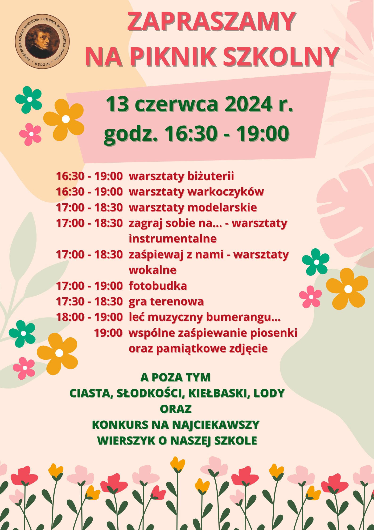 plakat na różowym tle, na dole ikony kwiatów, na środku plan pikniku