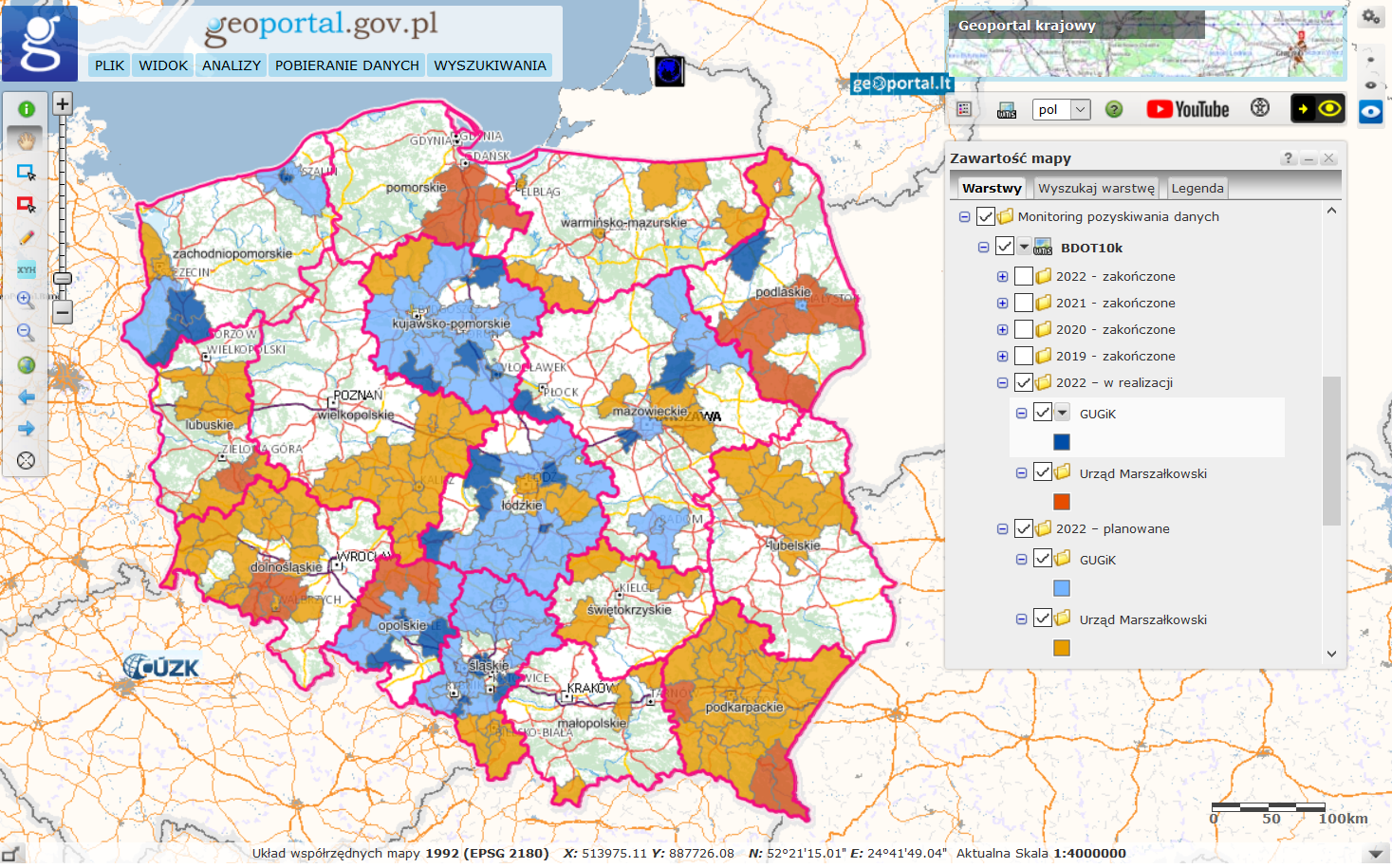 Ilustracja przedstawia widok usługi "Monitoring pozyskiwania danych" w zakresie realizowanej i planowanej przez GUGiK i UM aktualizacji zbiorów BDOT10k w 2022 roku.