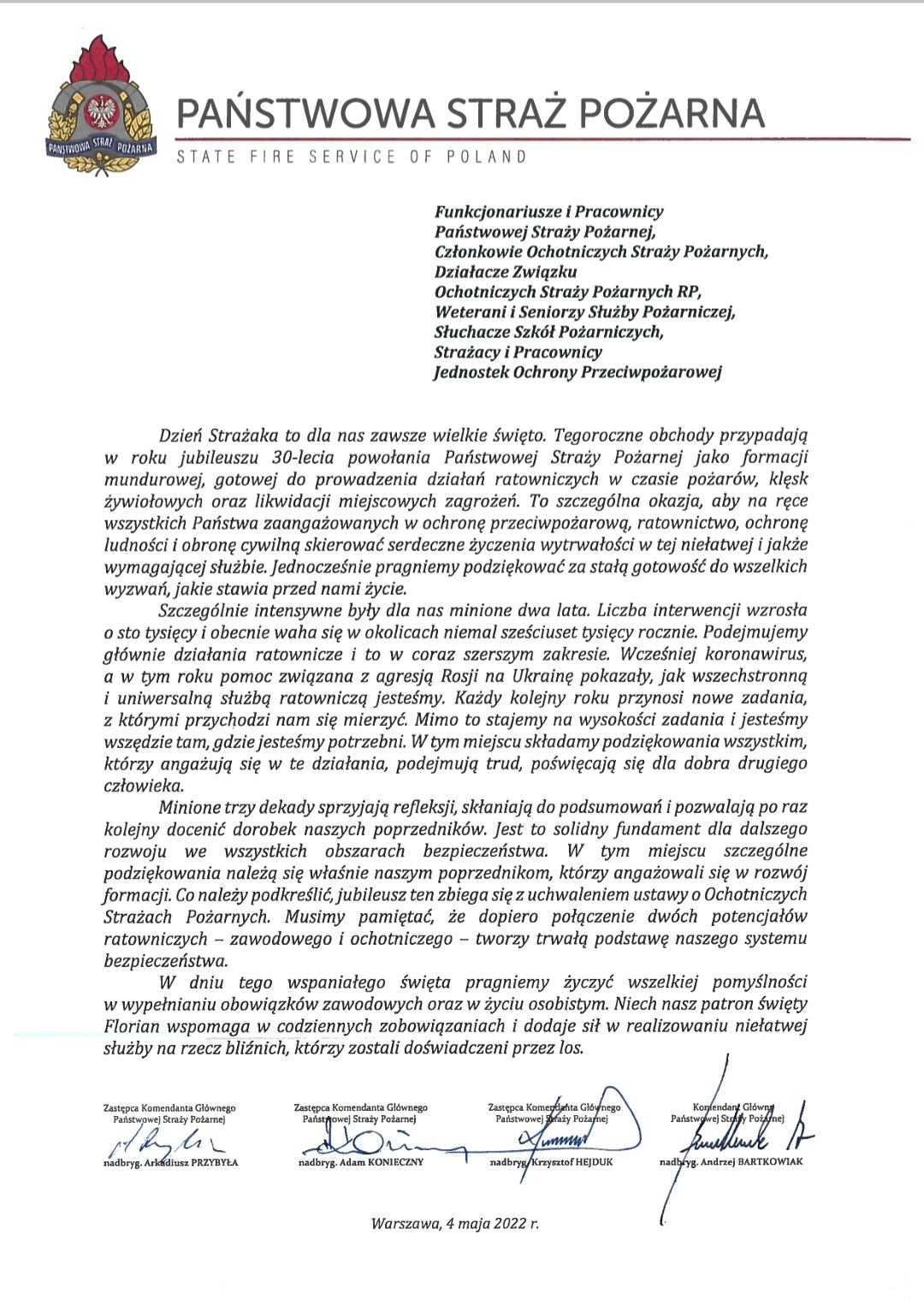 Życzenia Kierownictwa Komendy Głównej PSP o okazji Dnia Strażaka 2022