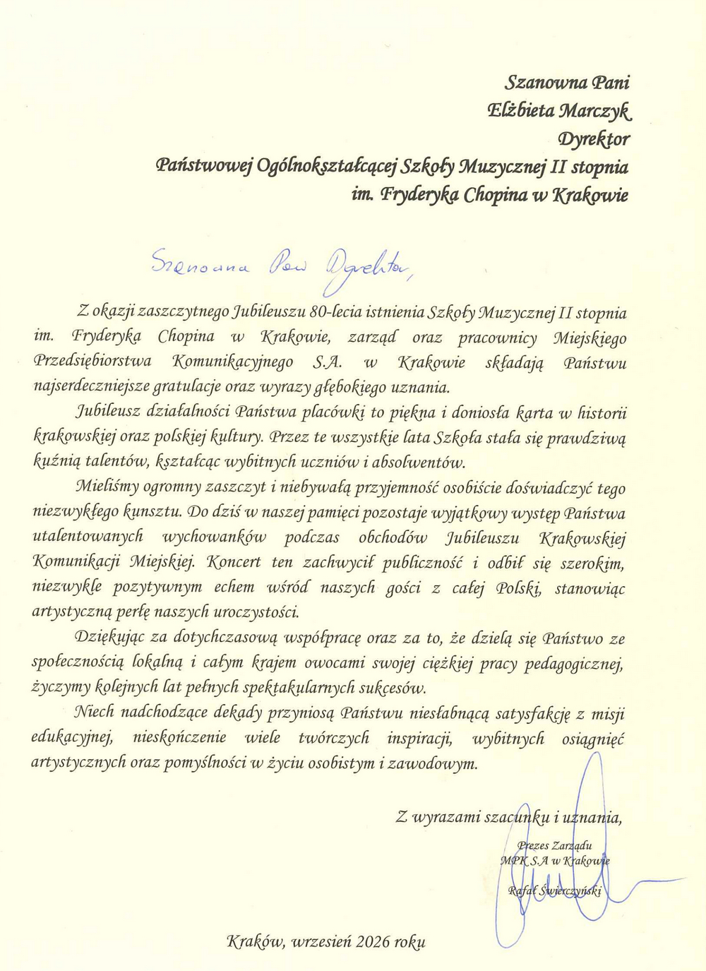 Skan listu gratulacyjnego z okazji jubileuszu 80-lecia szkoły; list podpisany przez Prezesa Zarządu MPK SA w Krakowie - p. Rafała Świerczyńskiego