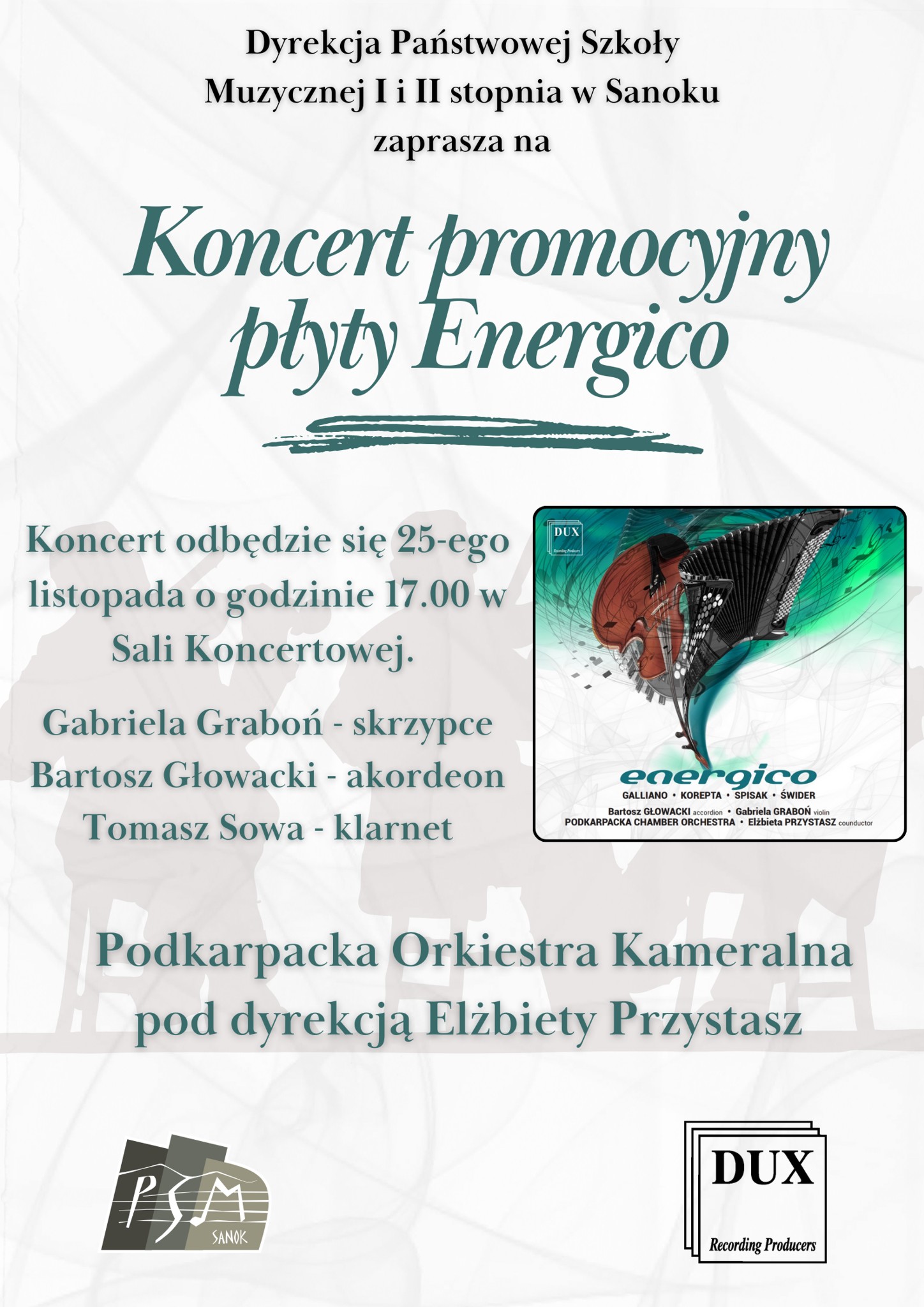 Plakat - Koncert promocyjny płyty Energico. Okładka płyty umieszczona na białym tle. Opis wydarzenia zielonymi literami.