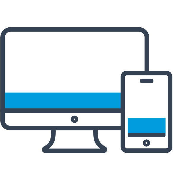 Narzędzia pracy: Grafika ekranu komputera wraz z zachodzącym na jego obrys po prawej stronie grafice prostokątnej komórki. Ikony obrysowane czarną kreską wypełnione białym kolorem wraz z niebieskim paskiem na dole ekranu monitora i komórki.