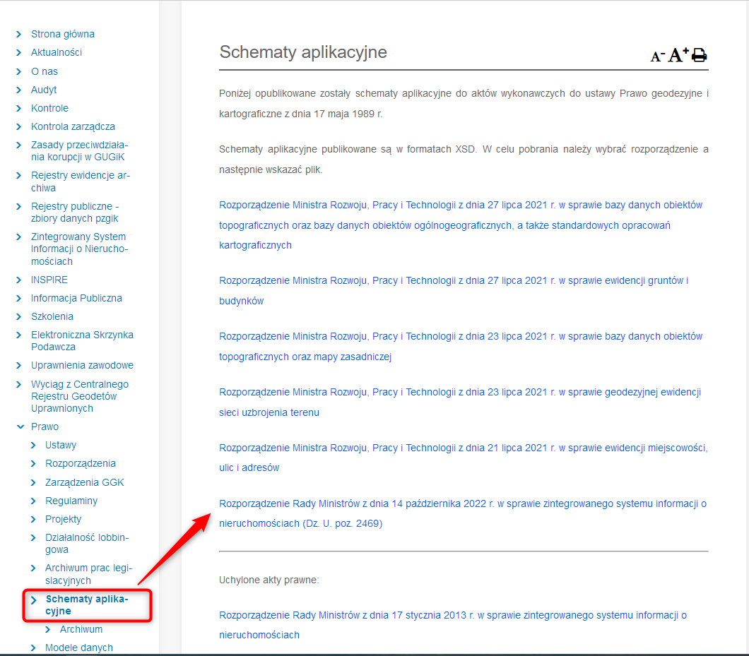 Ilustracja przedstawia zrzut z ekranu Biuletynu Informacji Publicznej GUGiK www.gugik.gov.pl/bip zakładka Schematy aplikacyjne, skąd można pobrać schematy aplikacyjne xsd.