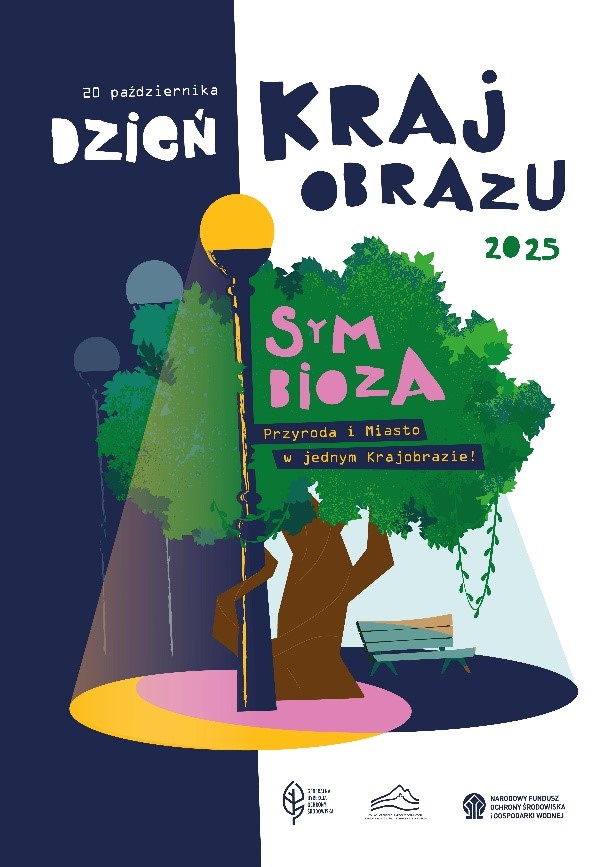 Grafika przedstawia drzewo, które rośnie i oplata swoimi gałęziami latarnię miejską. Z lewej strony grafiki tło jest w kolorze granatowym (noc), z prawej strony grafiki tło jest białe (dzień). Widać napis: "20 PAŹDZIERNIKA DZIEŃ KRAJOBRAZU 2025 SYMBIOZA PRZYRODA I MIASTO W JEDNYM KRAJOBRAZIE!". 