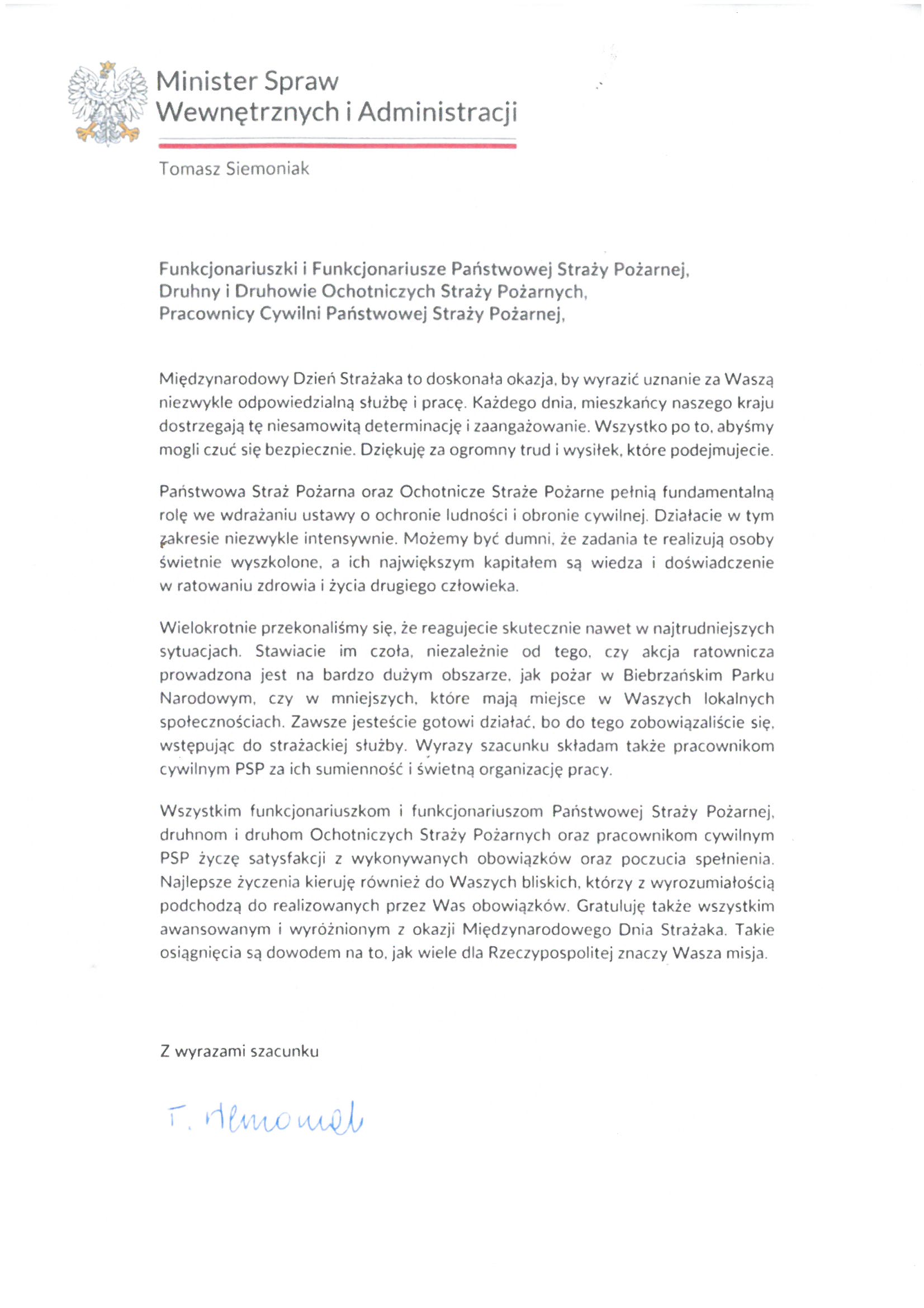 Życzenia Ministra Spraw Wewnętrznych i Administracji z okazji Dnia Strażaka