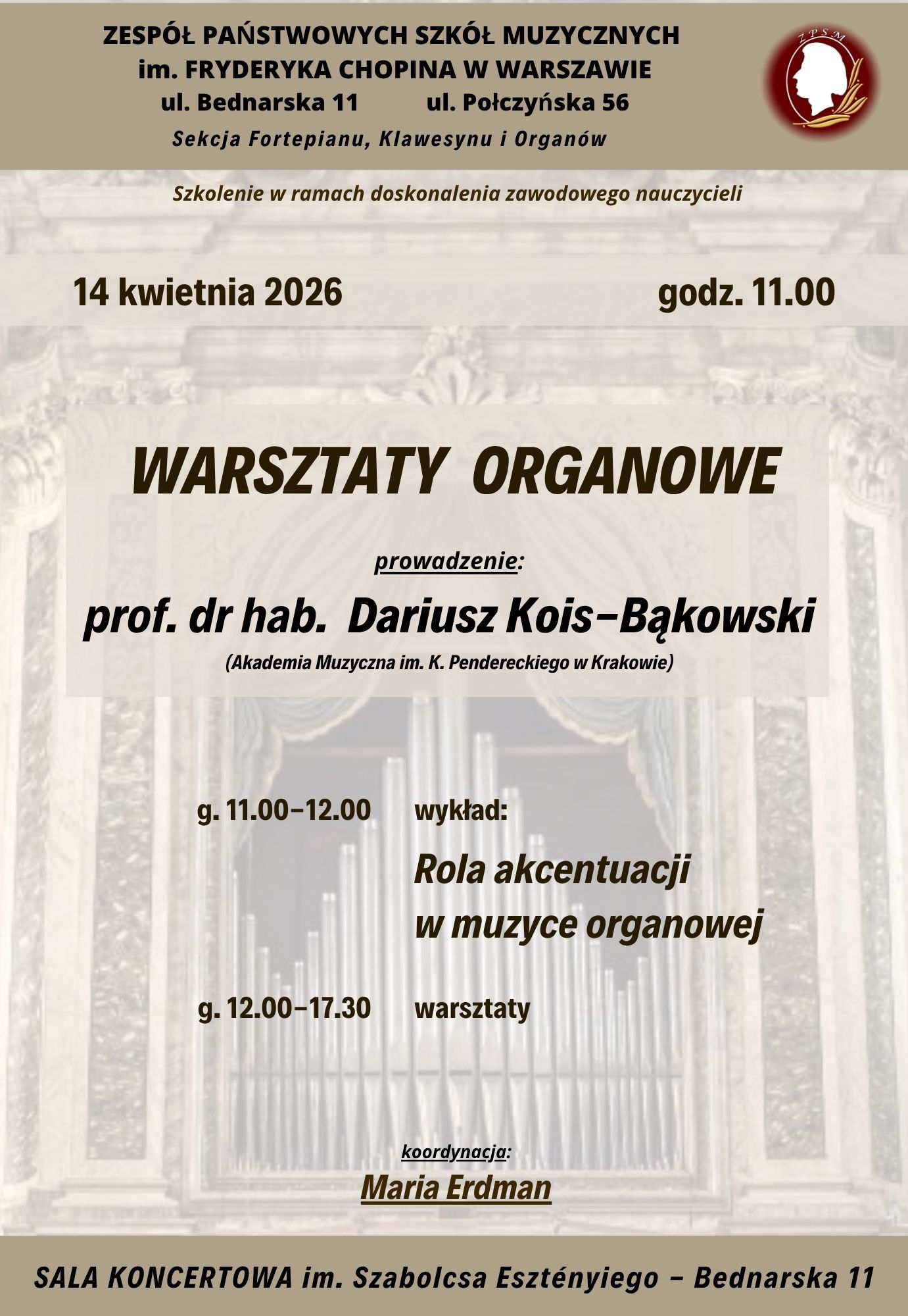 Afisz - 14.04.2026 - prof. dr hab. Dariusz Kois-Bąkowski - warsztaty organowe