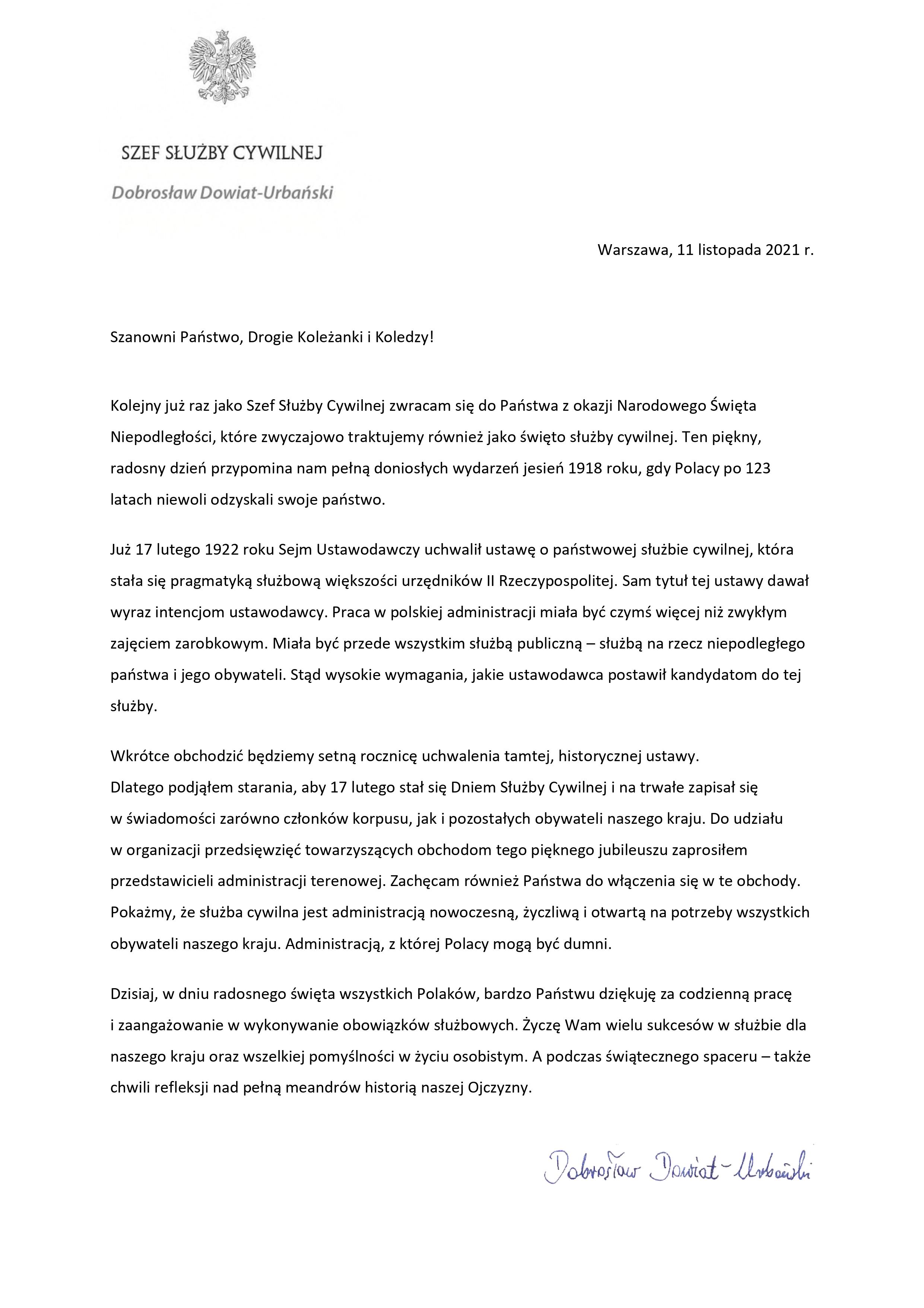 List Szefa Służby Cywilnej do członków korpusu służby cywilnej