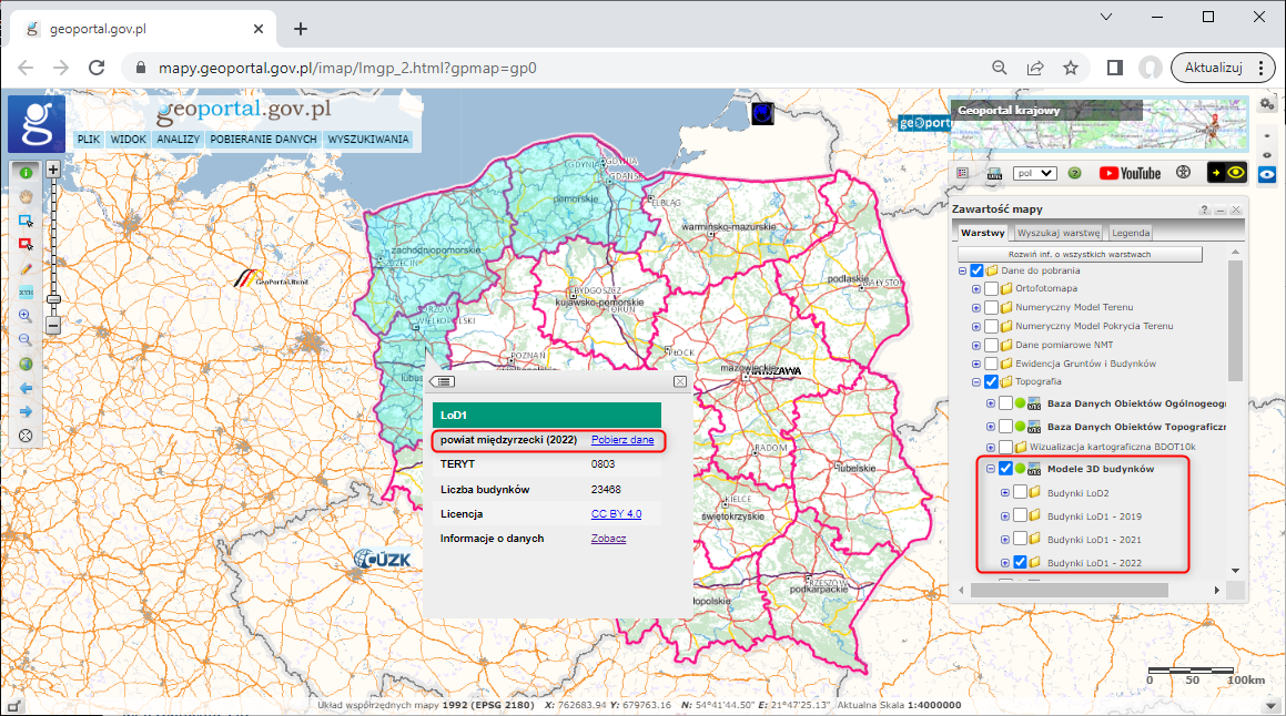 Rys. 2 - przedstawia zrzut ekranu z serwisu www.geoportal.gov.pl prezentujący sposób pobierania modeli 3D budynków w standardzie LoD1