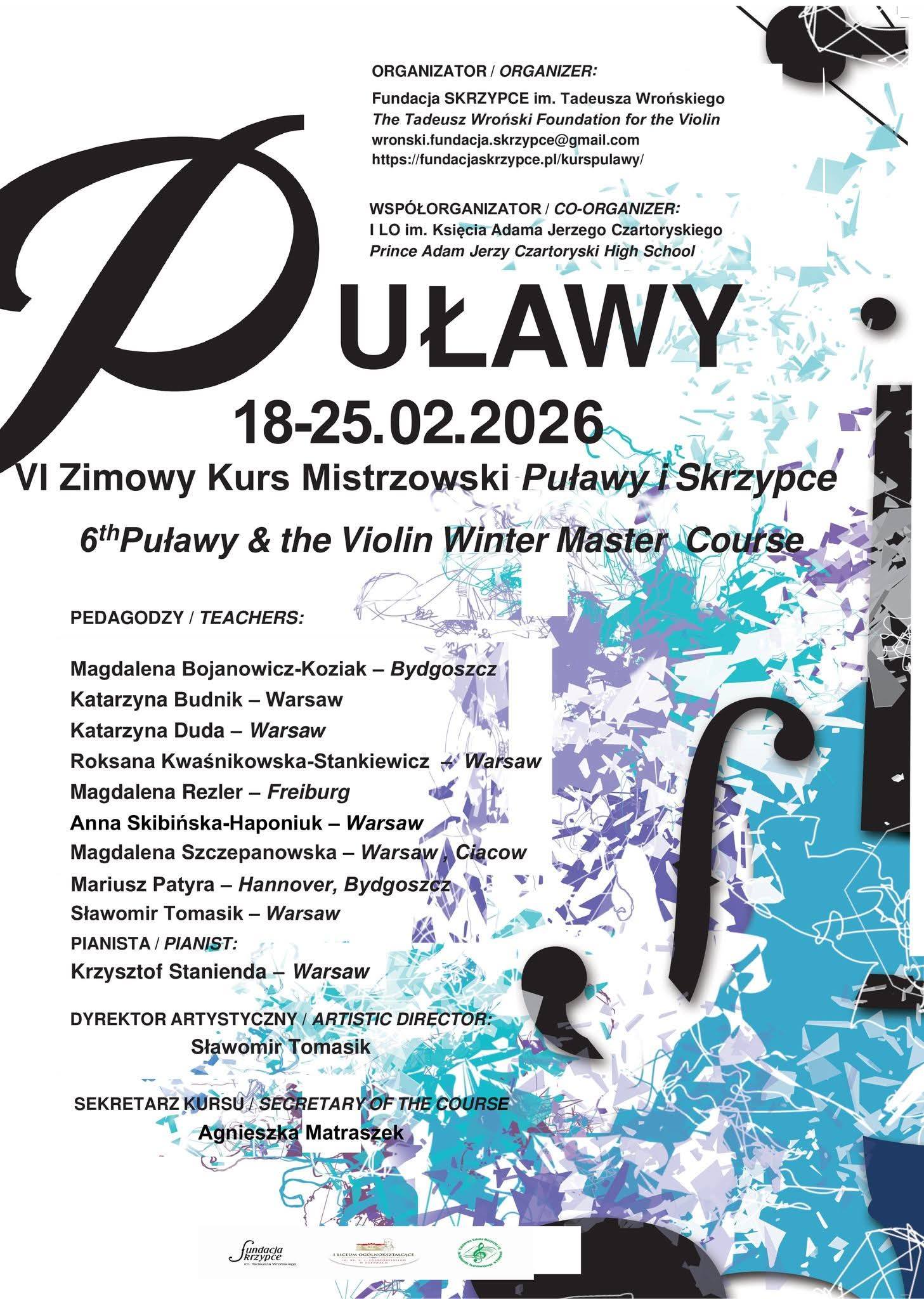 Plakat ze szczegółami wydarzenia na białym tle i niebieskim akcentami