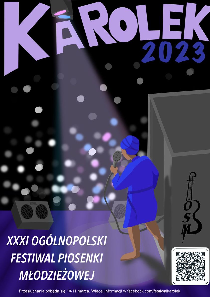 plakat w ciemnej tonacji, zawiera grafiki głośnika i śpiewającej postaci oraz napisy: "Karolek 2023" i "XXXI Ogólnopolski Festiwal Piosenki Młodzieżowej"