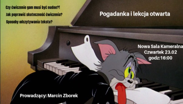 Na plakacie fortepian a na klawiaturze leżący, wycieńczony kot. Plakat w kolorze brązowo-zielonym