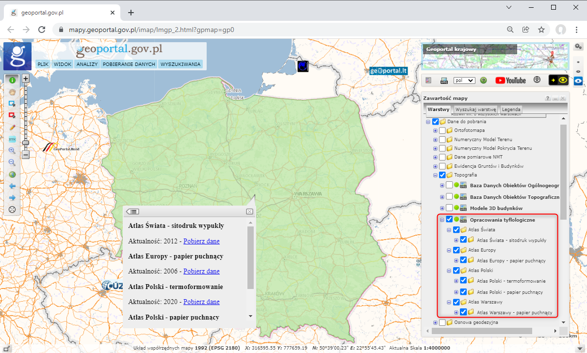Ilustracja przedstawia zrzut ekranu z serwisu www.geoportal.gov.pl przedstawiający skorowidz umożliwiający pobranie map tyflologicznych