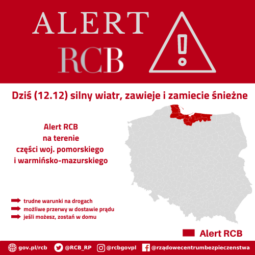 Alert RCB zawieje i zamiecie śnieżne – 12.12