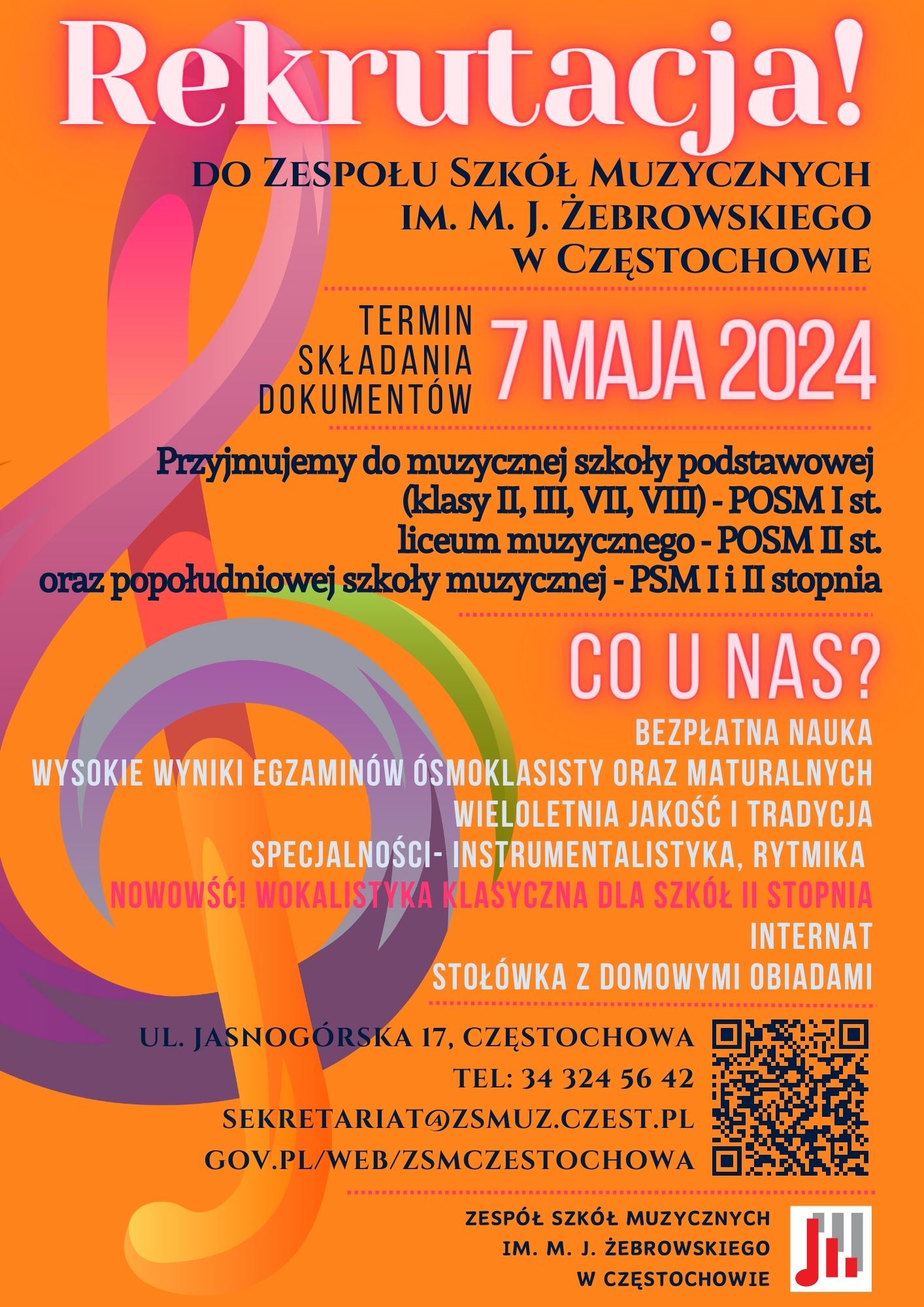 Pomarańczowe tło, po lewej kolorowy klucz wiolinowy, tekst informacja o rekrutacji do ZSM.