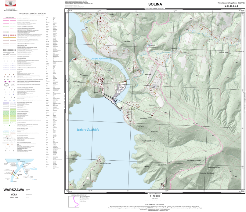 Ilustracja przedstawia zrzut ekranu z przykładową wizualizacją kartograficzną BDOT10k w skali 1:10 000 dla Soliny.