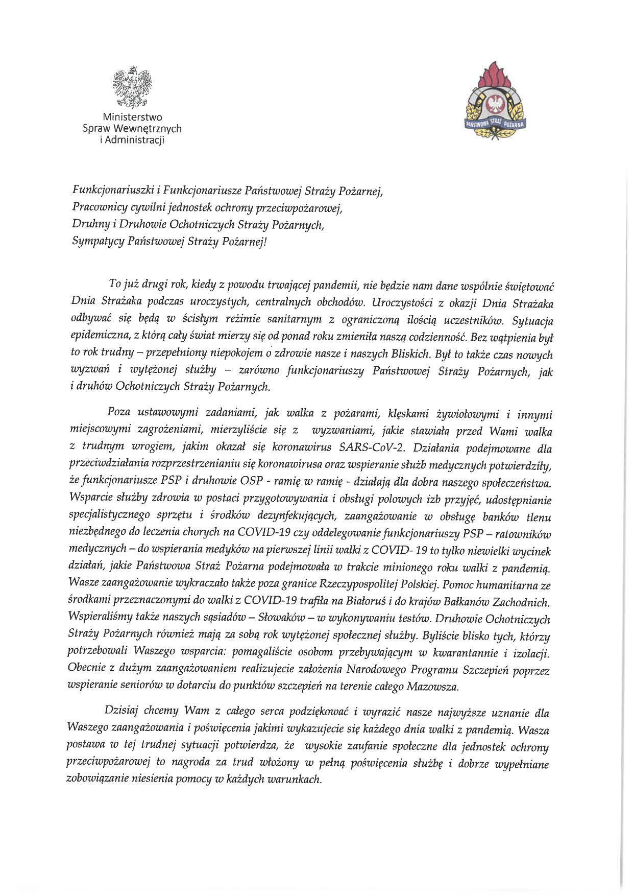 Życzenia wiceministra spraw wewnętrznych i administracji oraz mazowieckiego komendanta wojewódzkiego PSP z okazji Dnia Strażaka