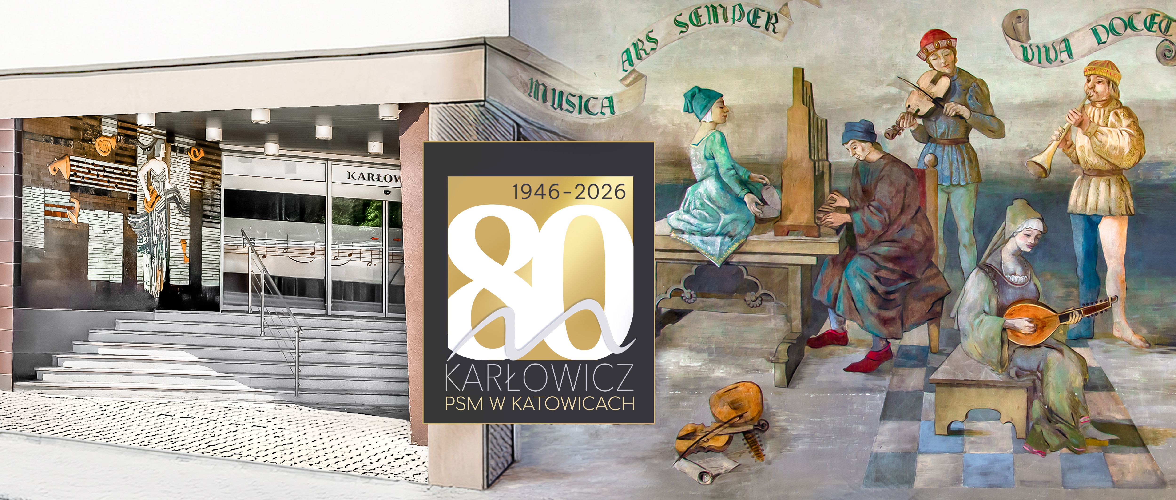 Budynek szkoły muzycznej Karłowicz w Katowicach oraz fragment muralu z postaciami grającymi na instrumentach; na środku logo jubileuszu 80-lecia (1946–2026).