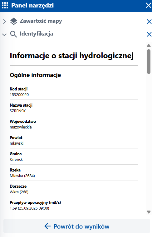 zrzut ekranu z serwisu www.geoportal.gov.pl przedstawiający informacje o stacji hydrologicznej