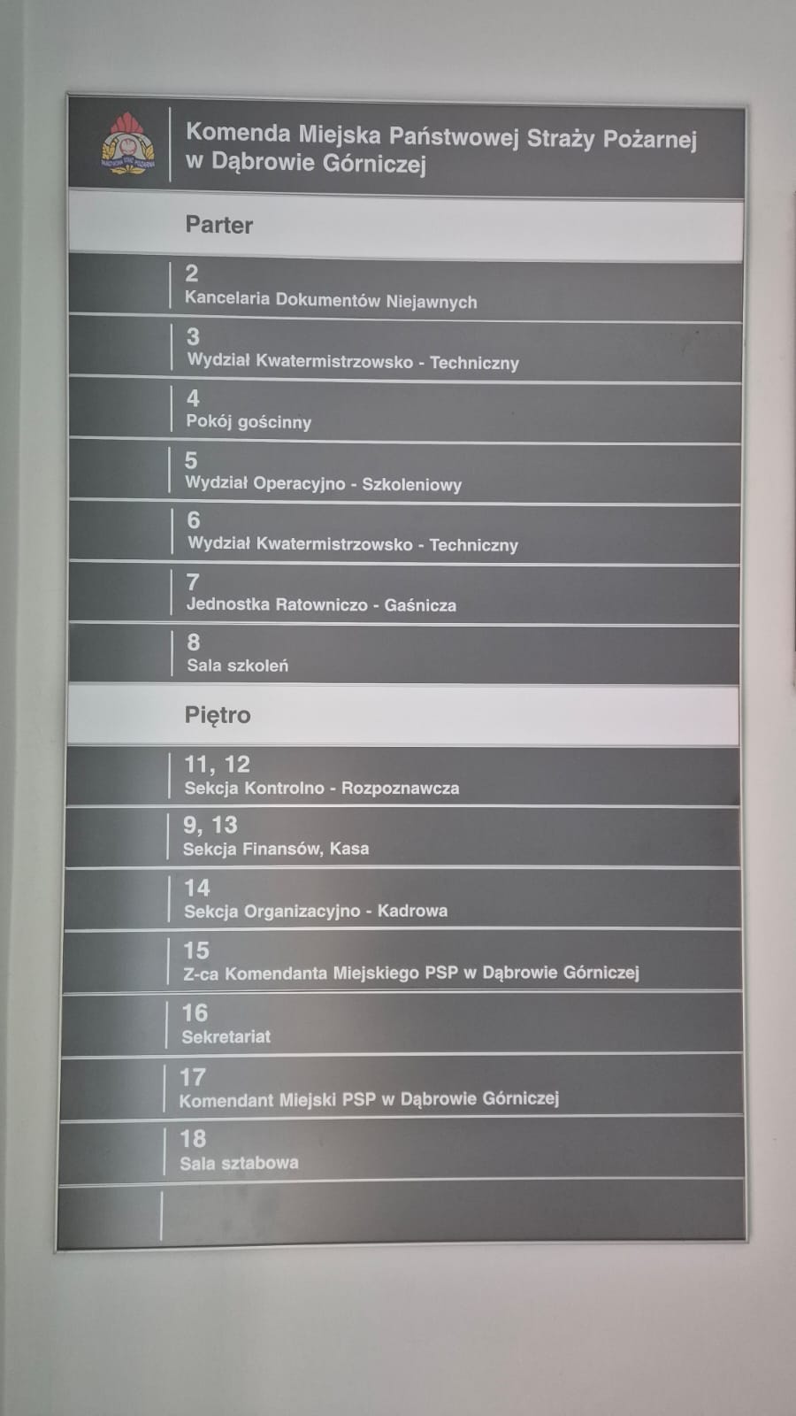 tablica informacyjna o rozmieszczeniu pokoi na parterze i piętrze. Na parterze znajdują się pokoje numer 2 (Kancelaria Dokumentów Niejawnych), 3 (Wydział Kwatermistrzowsko-techniczny), 4 (Pokój gościnny), 5 (Wydział Operacyjno-szkoleniowy), 6 (Wydział Kwatermistrzowsko-techniczny), 7 (Jednostka Ratowniczo-gaśnicza), 8 (Sala szkoleń). Na pierwszym piętrze znajdują się pokoje numer 11 i 12 (Sekcja Kontrolno-rozpoznawcza), 9 i 13 (Sekcja Finansów, Kasa), 14 (Sekcja Organizacyjno-kadrowa, 15 (Zastępca Komendanta Miejskiego), 16 (Sekretariat), 17 (Komendant Miejski), 18 (Sala sztabowa)