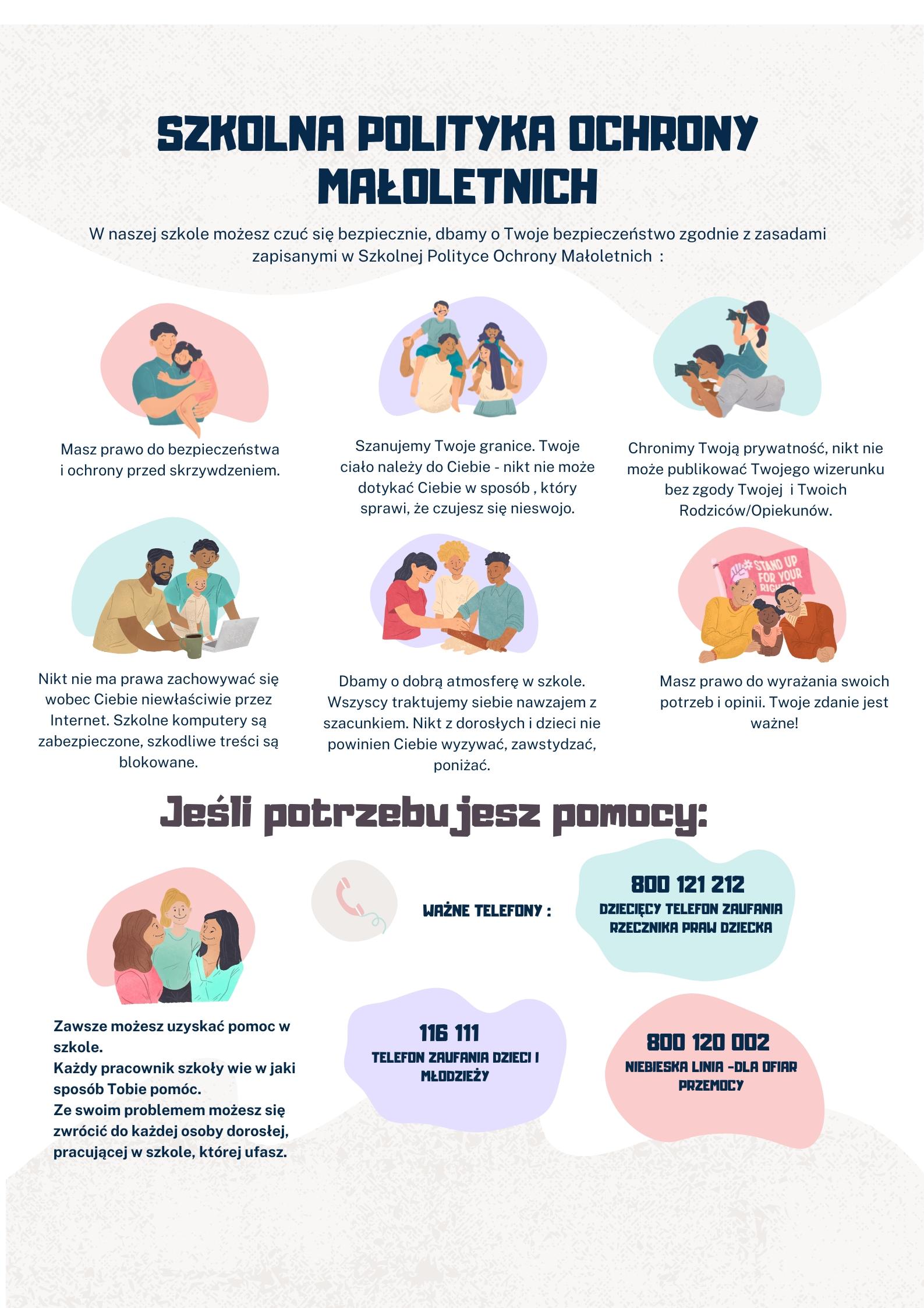 szkolna polityka ochrony małoletnich w naszej szkole możesz czuć się bezpiecznie, dbamy o twoje bezpieczeństwo zgodnie z zasadami zapisanymi w szkolnej polityce ochrony małoletnich: masz prawo do bezpieczeństwa i ochrony przed skrzywdzeniem. nikt nie ma prawa zachowywać się wobec ciebie niewłaściwie przez internet. szkolne komputery są zabezpieczone, szkodliwe treści są blokowane. szanujemy twoje granice. twoje ciało należy do ciebie - nikt nie może dotykać ciebie w sposób, który sprawi, że czujesz się nieswojo. dbamy o dobrą atmosferę w szkole. wszyscy traktujemy siebie nawzajem z szacunkiem. nikt z dorosłych i dzieci nie powinien ciebie wyzywać, zawstydzać, poniżać. chronimy twoją prywatność, nikt nie może publikować twojego wizerunku bez zgody twojej i twoich rodziców/opiekunów. masz prawo do wyrażania swoich potrzeb i opinii. twoje zdanie jest ne. jeśli potrzebujesz pomocy. ważne telefony: dziecięcy telefon zaufania 800121212, telefon zaufania dla dzieci i młodzieży 116111, niebieska linia dla ofiar przemocy 80012002. Zawsze możesz uzyskać pomoc w szkole. każdy pracownik szkoły wie w jaki sposób może tobie pomóc. ze swoim problemem możesz się zwrócić do każdej osoby dorosłej, pracującej w szkole, której ufasz