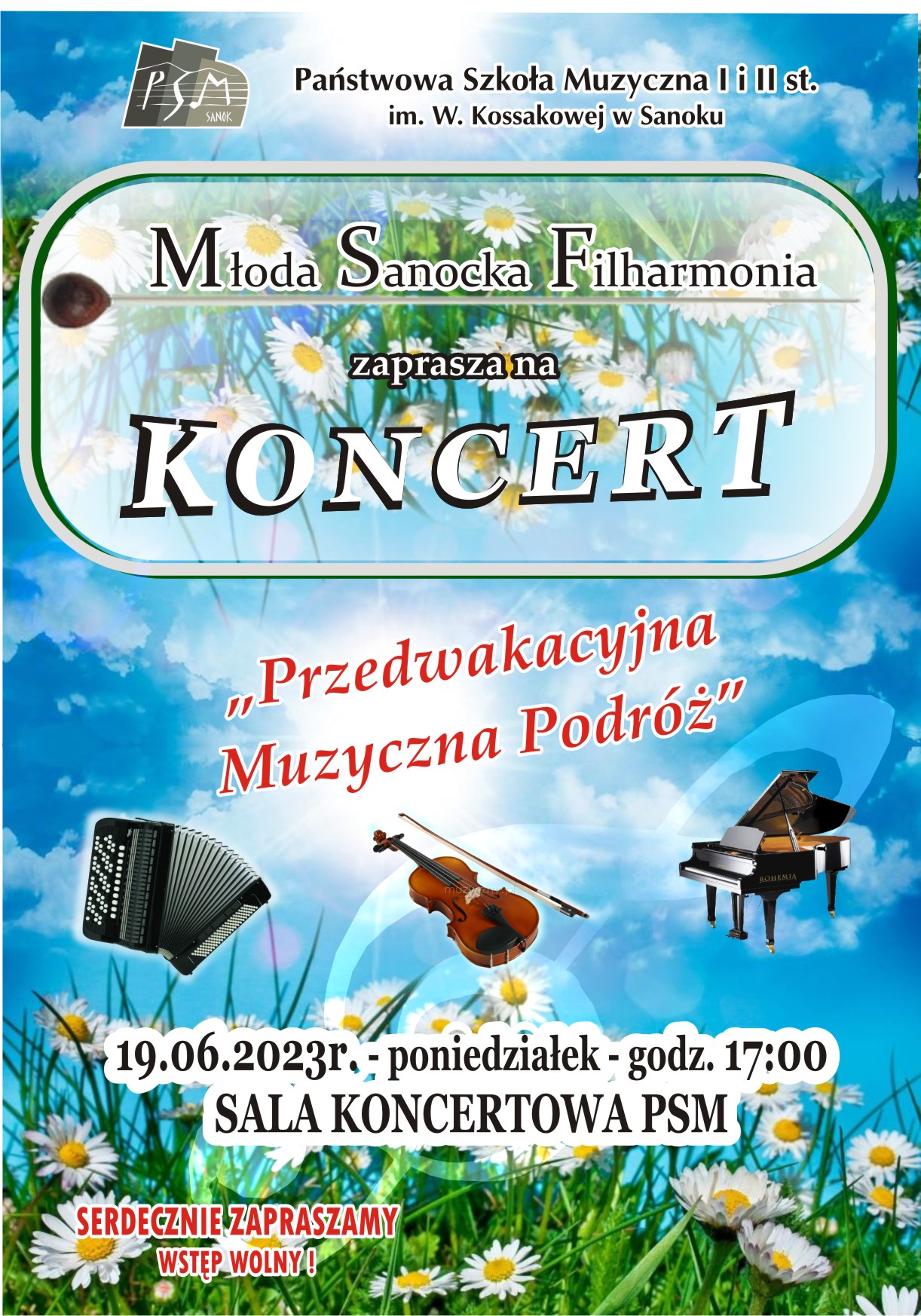 Plakat koncertu Młodej Sanockiej Filharmonii instrumenty muzyczne, w tle niebo oraz kwiaty.