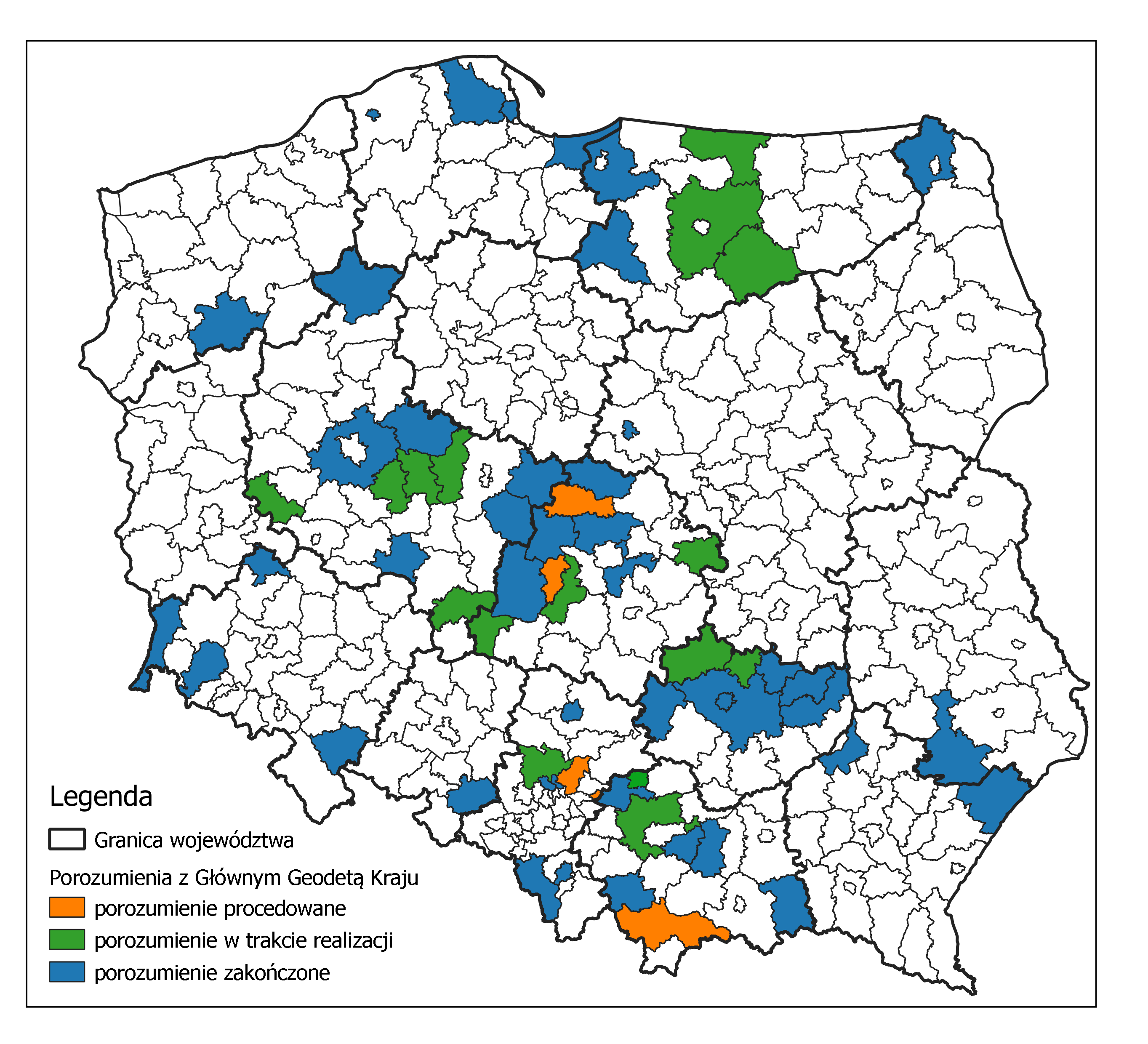 Ilustracja przedstawia mapę Polski z oznaczonymi kolorystycznie powiatami, z którymi zawarte zostało porozumienie.