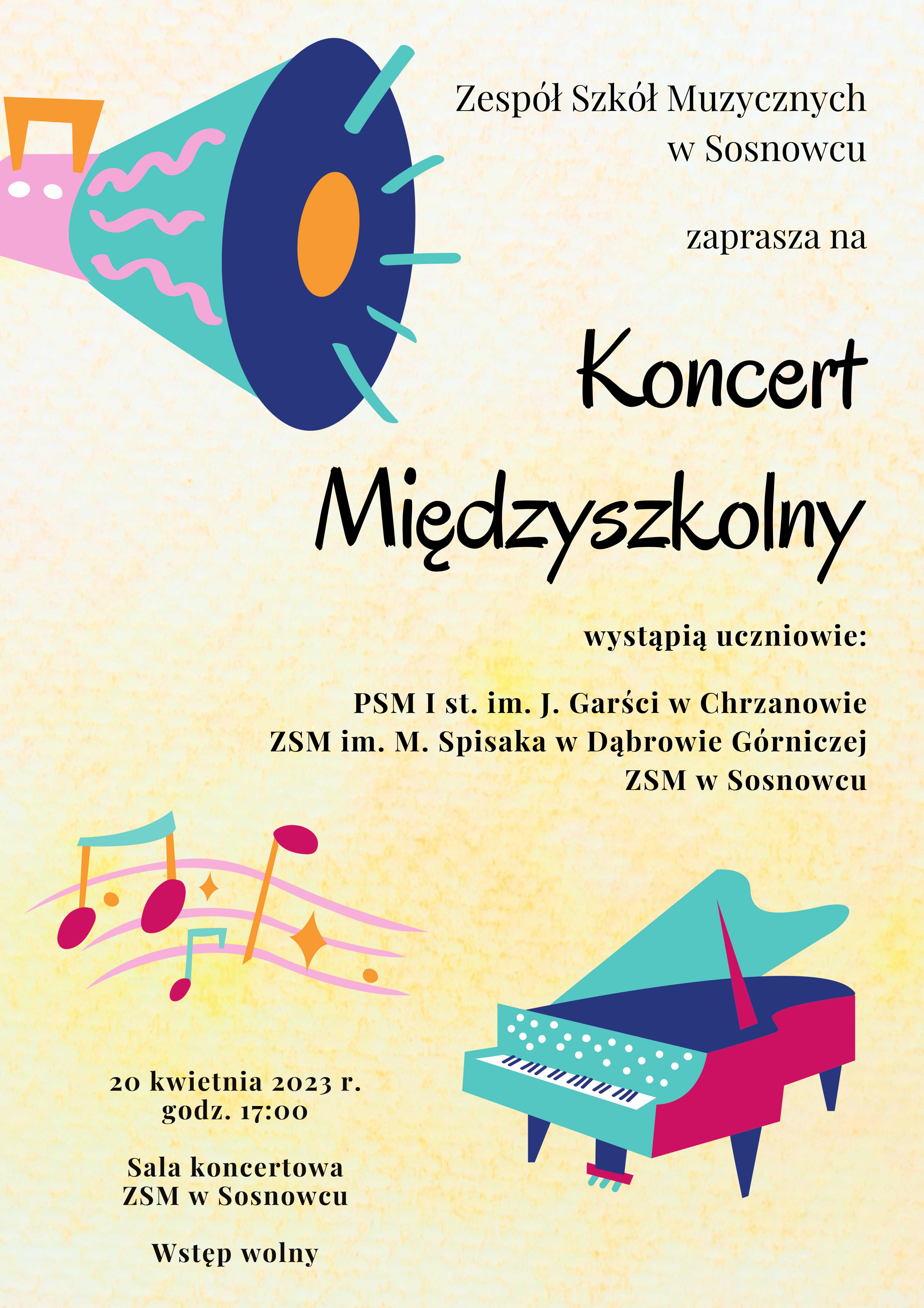 plakat na jasnożółtym tle, na plakacie rysunki fortepianu, nut, na środku informacje o koncercie. 