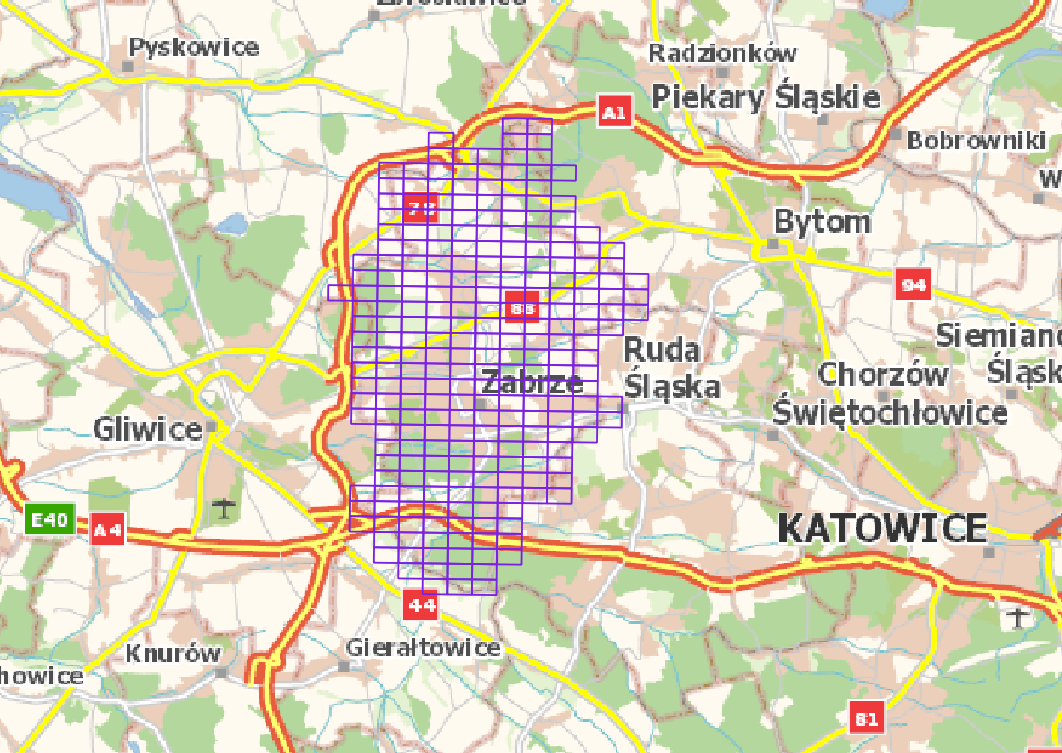Ilustracja przedstawia zrzut ekranu z zasięgiem nowo przyjętych danych dla miasta Zabrze