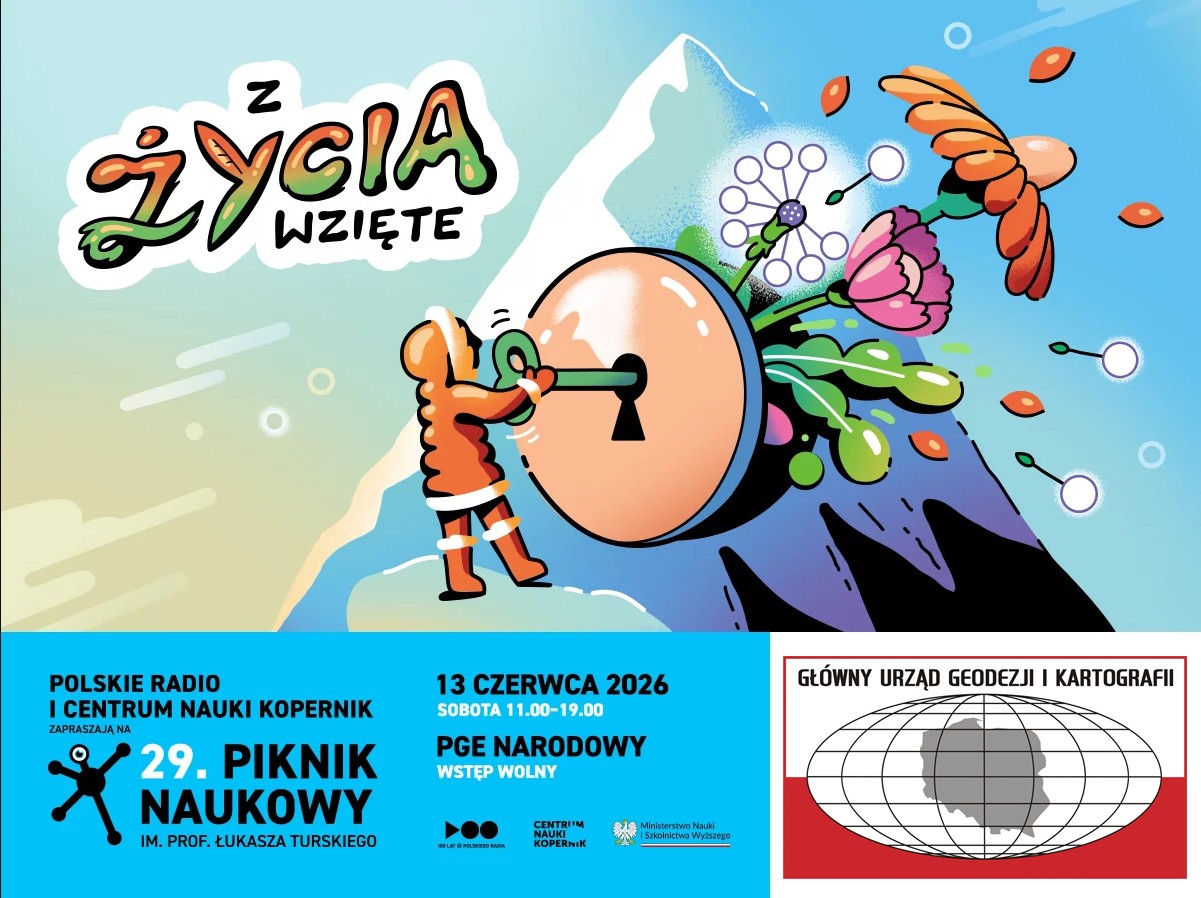 grafika promująca 29. Piknik Naukowy, logo Głównego Urzędu Geodezji i Kartografii