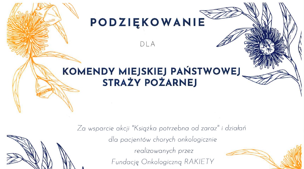 Dyplom podziękowania od Fundacji Rakiety dla Komendy Miejskiej PSP w Katowicach