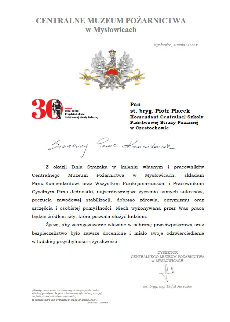 List z życzeniami z okazji Dnia Strażaka od dyrektora Centralnego Muzeum Pożarnictwa w Mysłowicach