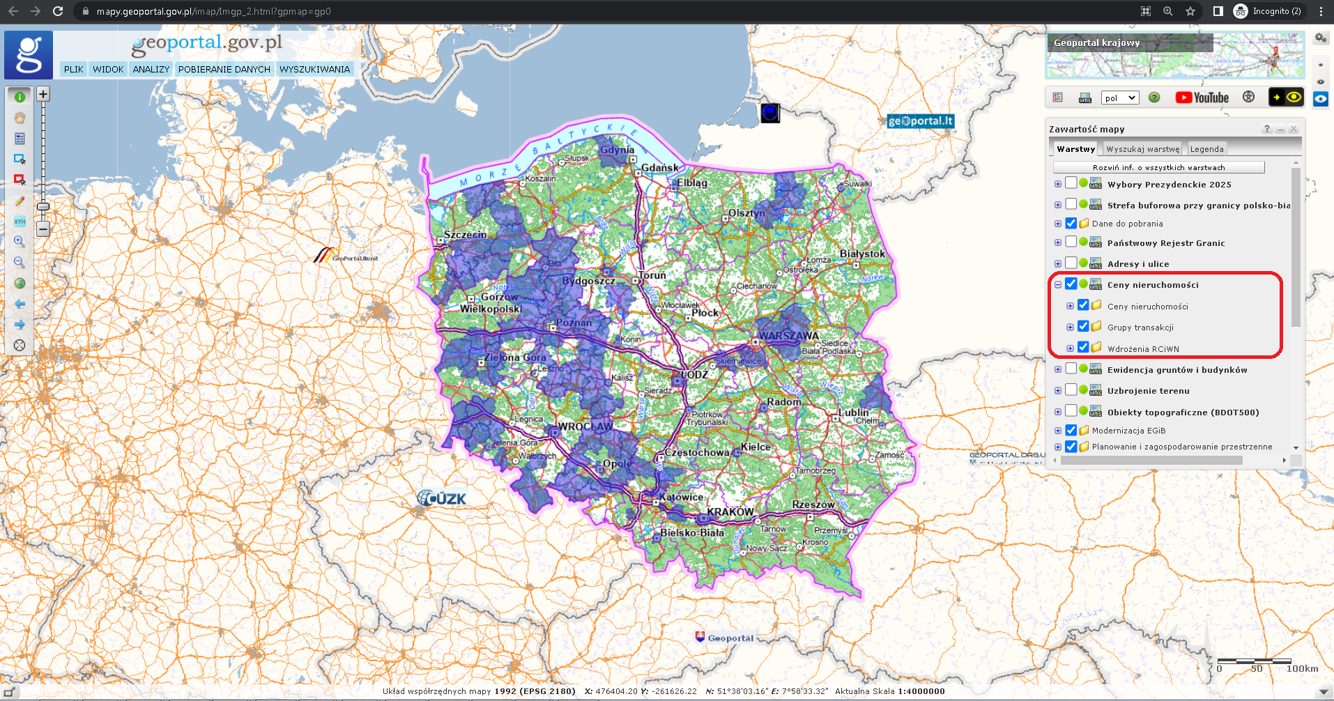 Ilustracja przedstawia Geoportal Krajowy z włączoną usługą Ceny nieruchomości
