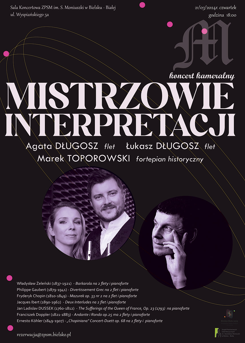 plakat koncertu mistrzowie interpretacji Agata Długosz, Łukasz Długosz, Marek Toporowski