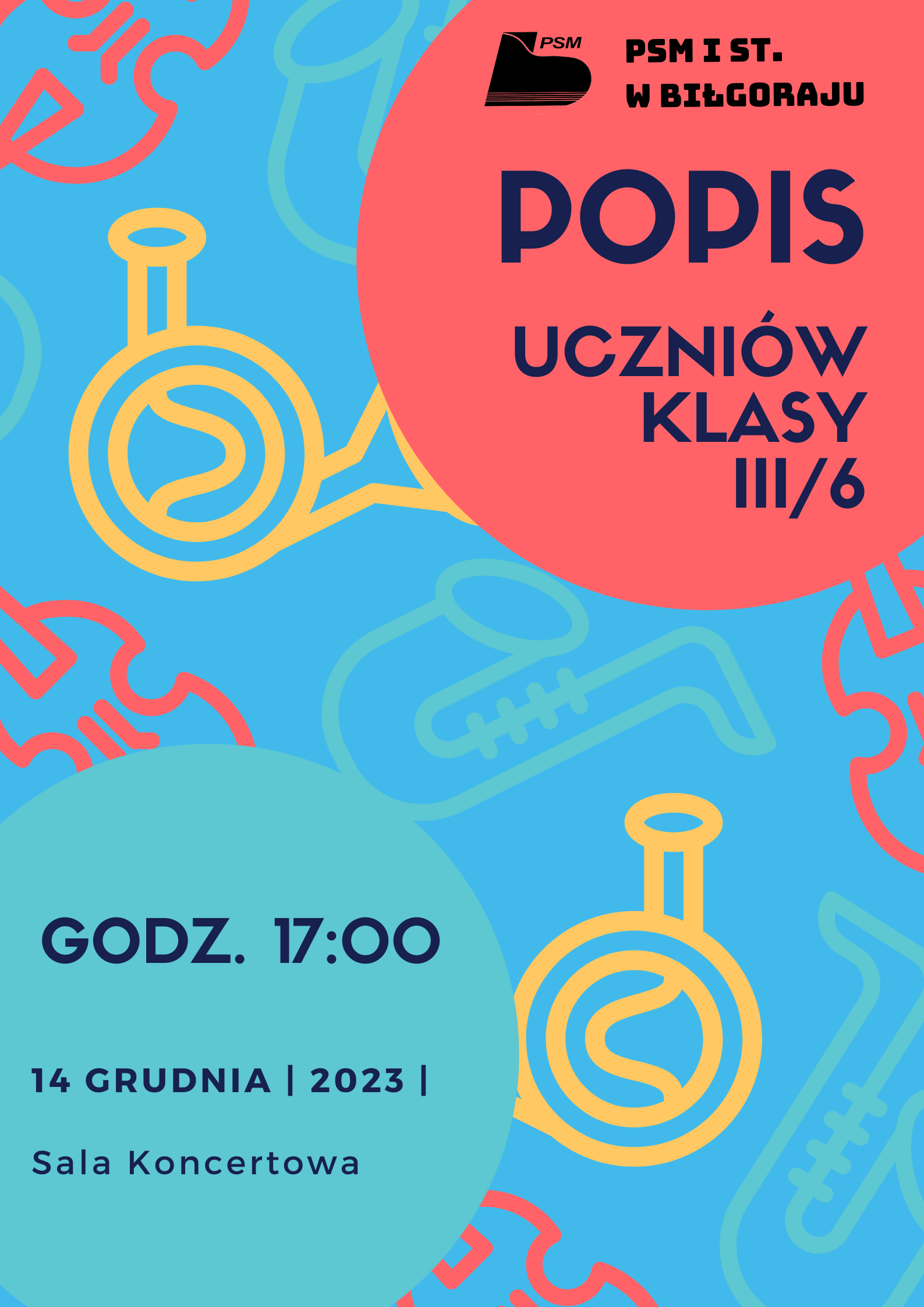 Popis uczniów klasy III/6 który odbędzie się 14.12.2023 r. Logo szkoły. Kolory pastelowe.