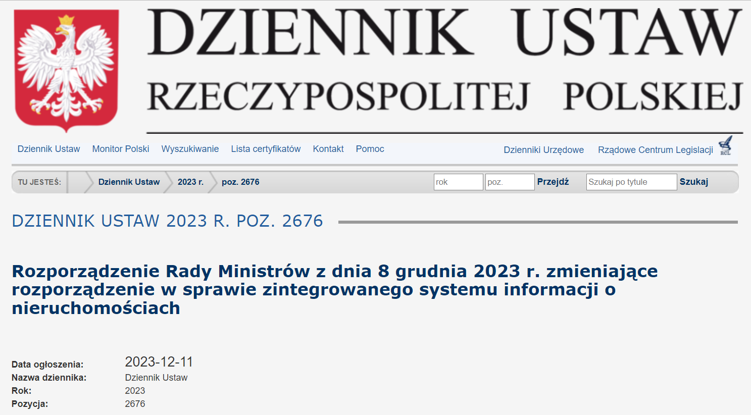 Ilustracja przedstawia zrzut ekranu z Dziennika Ustaw Rzeczypospolitej Polskiej