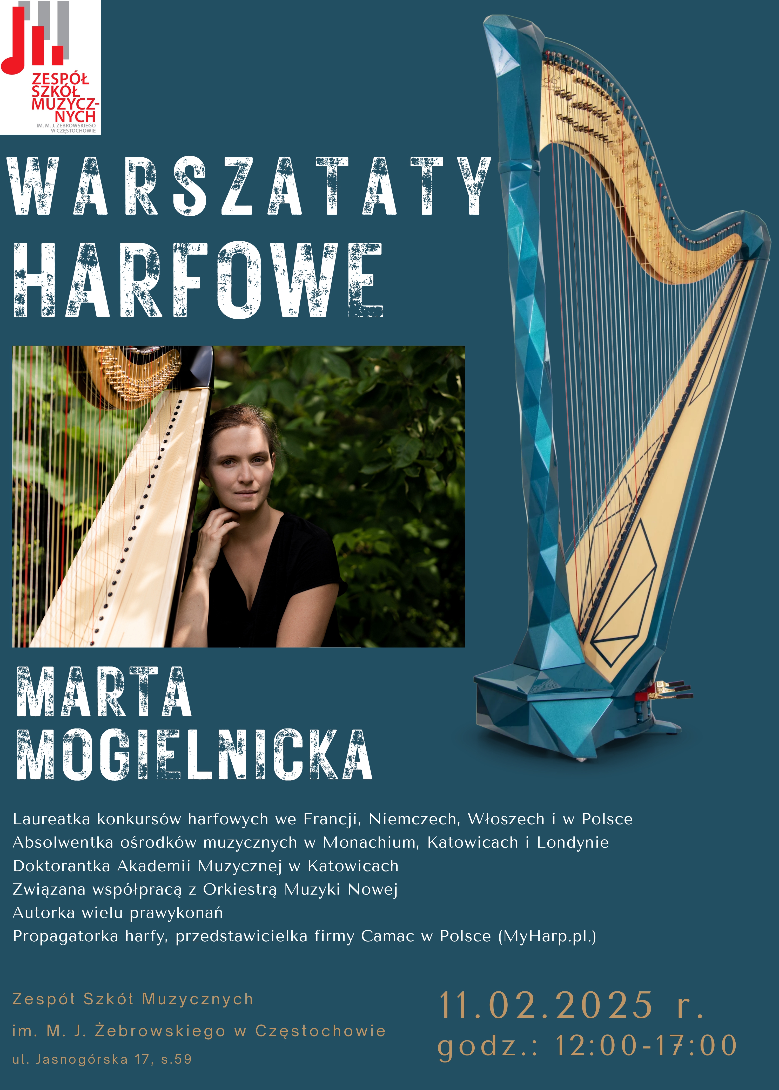 Niebieskie tło, po lewej logo szkoły, zdjęcie p. Marty Mogielnickiej, grafika harfy, tekst dotyczący warsztatów harfowych 11.02.2025 r.