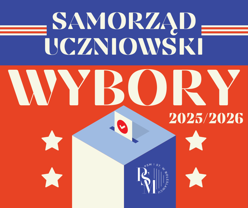 Grafika przedstawiająca urnę do głosowania, w tle napis: "Samorząd Uczniowski - Wybory 2025/2026"